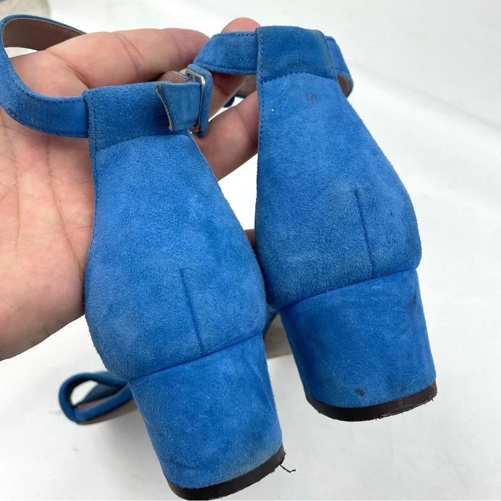 Tabitha Simmons Blue Suede Block Kitten Heel Sandals EU 38.5